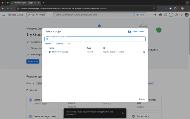 youtube api create or select a project